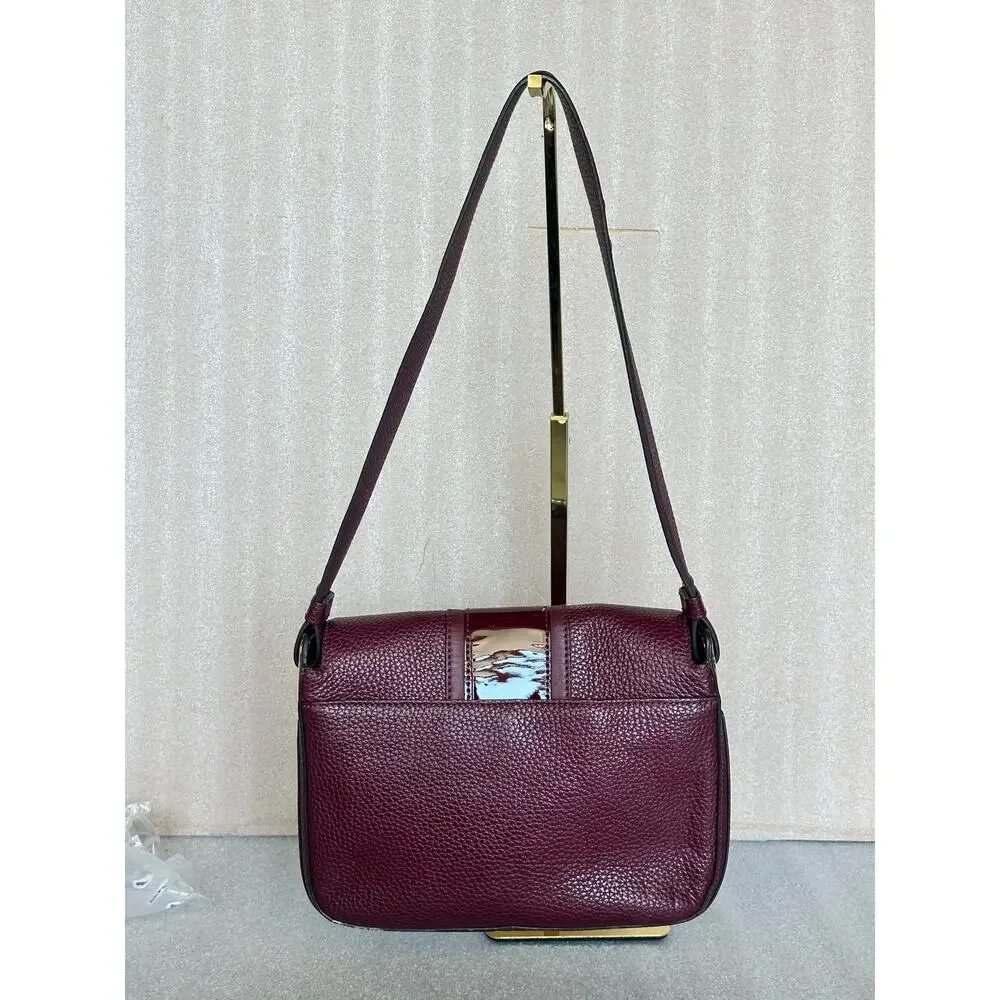 Michael Kors Lila Large Shoulder Flap Bag Burgundy Pebbled Leather Patent Stripe